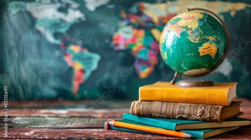 A globe stands on a stack of old books on a wooden desk, with a colorful world map in the background, symbolizing global education and knowledge. With copy space for text