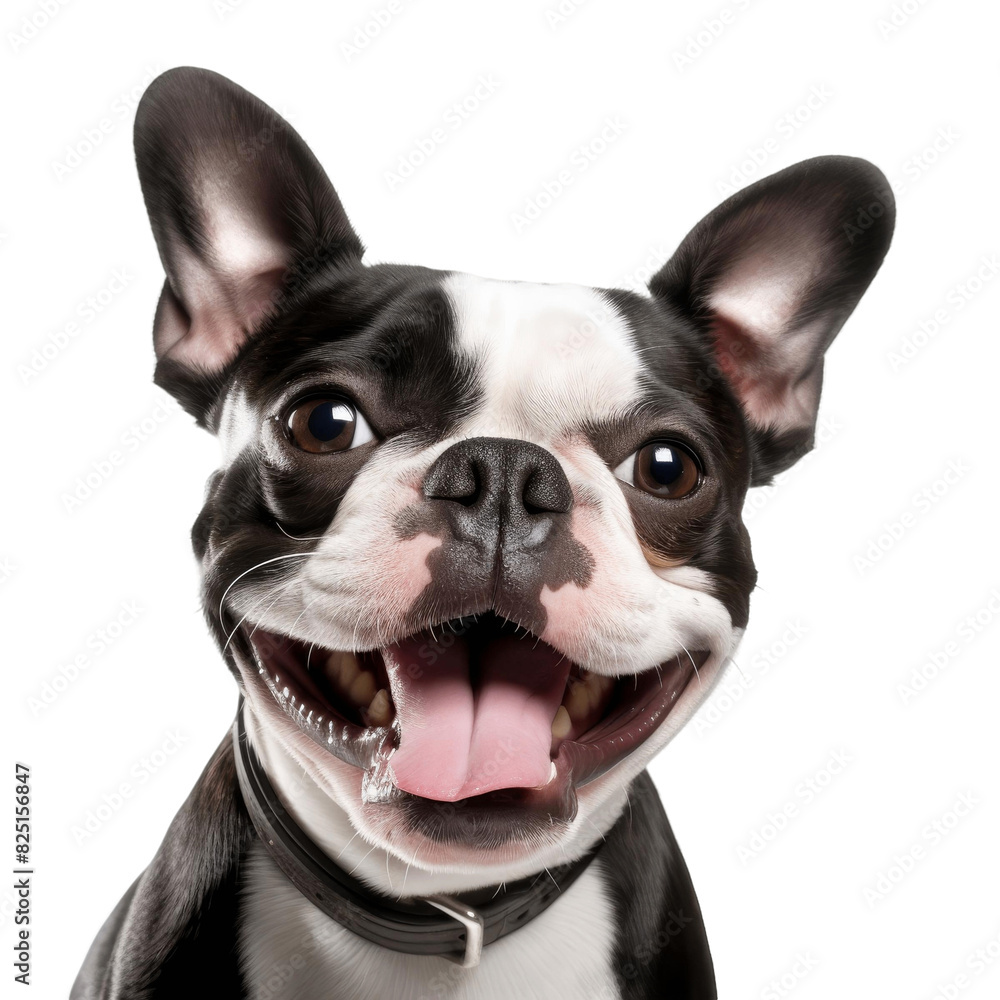 A happy black and white Boston Terrier dog is smiling with its tongue out. A happy black and white Boston Terrier dog is smiling with its tongue out.