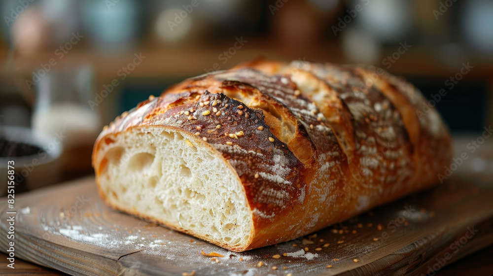 Freshly baked loaf of bread resting on a rustic wooden cutting board, exuding warmth and inviting aromas. Freshly baked loaf of bread resting on a rustic wooden cutting board, exuding warmth and inviting aromas.