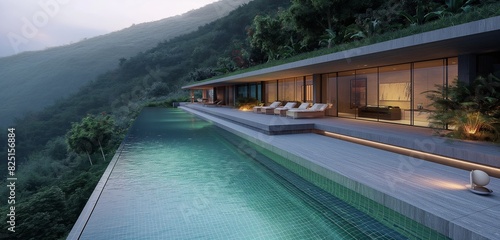 Capture a luxury cabin at dawn  located at the crest of a verdant mountain. The cabin includes a long  rectangular swimming pool that catches the morning light.