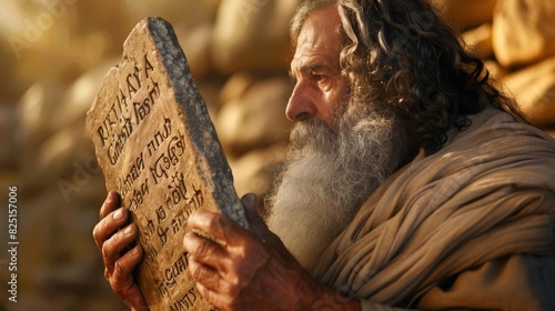 moses holding the ten commandments stone tablets biblical character illustration with blurred background photo