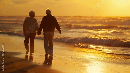 Elderly Couple Walking on Beach at Sunset, Tranquil Moment, Senior Love, Nature, Coastline, Autumn Scene, Peaceful Walk, Golden Hour photo