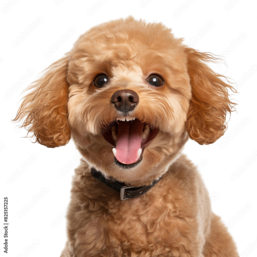 A brown toy poodle with a black collar is sitting with its mouth open and its ears perked up. A brown toy poodle with a black collar is sitting with its mouth open and its ears perked up.