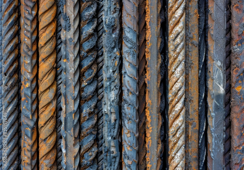 Fototapeta premium Close-up texture of deformed steel bars used in reinforced concrete, showing metal details of rebar and reinforcement rods at a construction site.