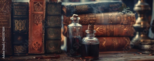 Potion bottles hidden among aged leather books in a dark library, mysterious discoveries close up, hidden magic, ethereal, Composite, ancient bookshelf
