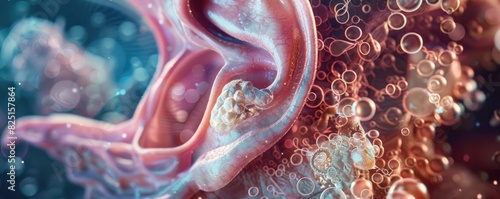 3D closeup of the intricate vestibular system, detailing inner ear balance close up, anatomical precision, realistic, Composite, medical textbook backdrop photo
