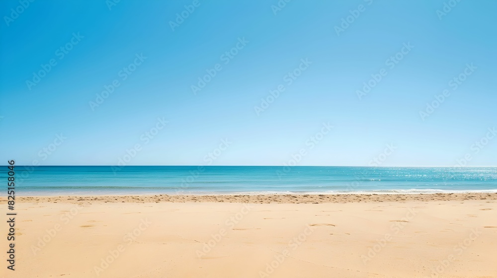A serene and empty beach with gentle waves and a clear blue sky, offering a tranquil seaside escape.