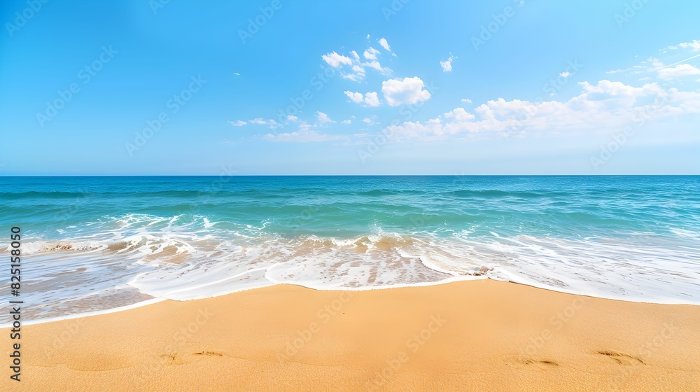 Fototapeta premium Golden sandy beach with gentle waves under a clear blue sky, creating a tranquil and idyllic seaside scene.