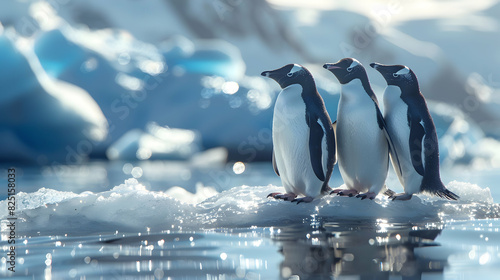 Photo realistic Ice covered penguins on shrinking ice sheet symbolizing effects of high carbon emissions and global warming on polar wildlife