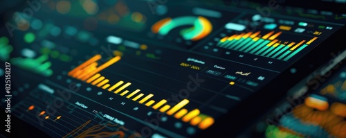 Closeup of a financial dashboard on a tablet screen showing assets, real-time monitoring close up, financial overview, realistic, Composite, office desk backdrop photo