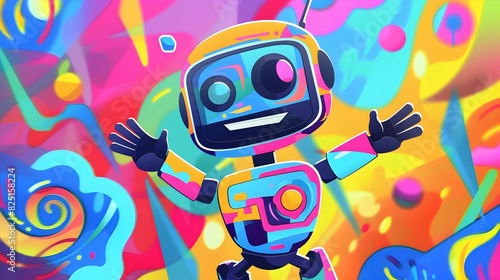 Joyful robot with big eyes and raised hands against a vibrant, colorful swirl background with floating spheres, radiating fun and excitement. photo