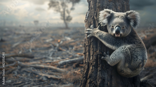 Photo realistic image of a koala clinging to a lone tree in a deforested area, symbolizing the impact of carbon emissions and habitat destruction   High resolution concept with glo photo
