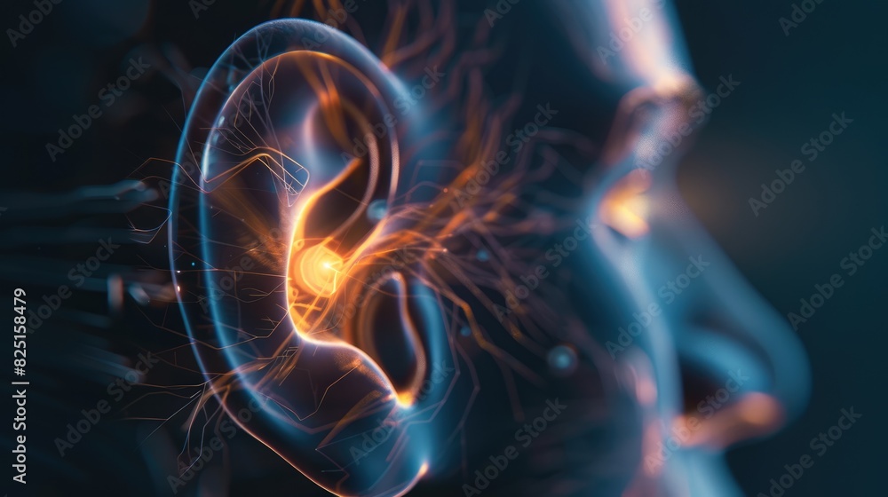 Lighting shines on a 3D rendered vestibular system within the ear, illustrating balance function close up, inner ear anatomy, realistic, Composite, medical textbook backdrop Lighting shines on a 3D rendered vestibular system within the ear, illustrating balance function close up, inner ear anatomy, realistic, Composite, medical textbook backdrop