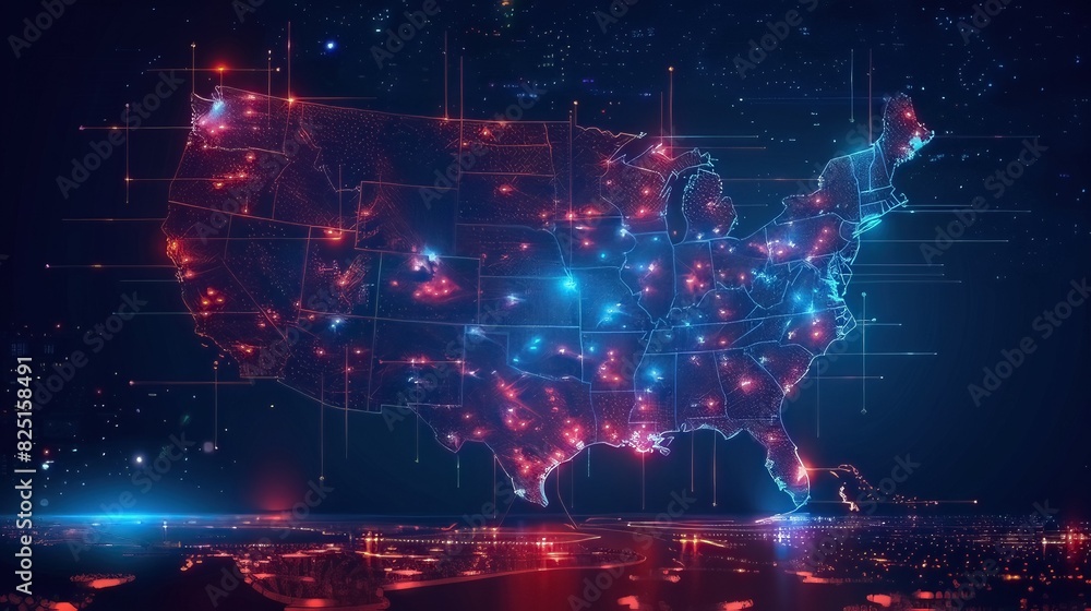 USA's digital map, representing the North America global network and ...
