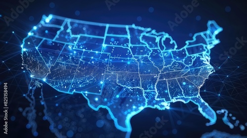 USA's digital map, representing the North America global network and connectivity, encompasses data transfer, cyber technology, information exchange, and telecommunication