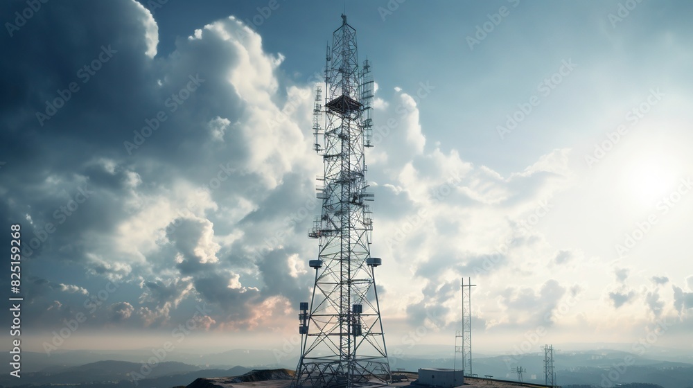 A photo of a communication tower with antennas against a dramatic sky A photo of a communication tower with antennas against a dramatic sky