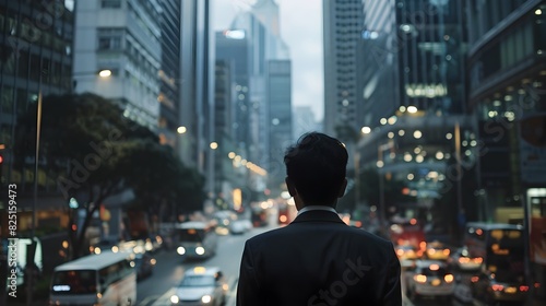 Weary Businessman s Moment of Reflection Amongst Urban Skyscrapers