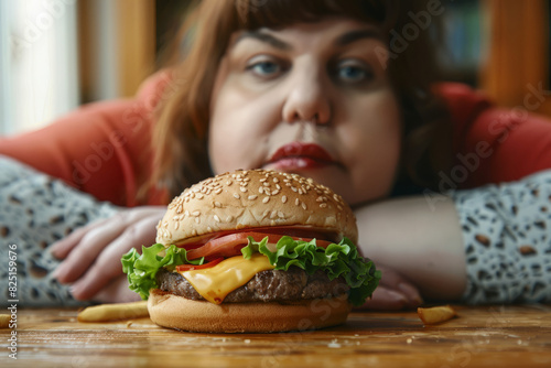 Plump woman looks at burger lying on table in front of her. Dependence on fast food