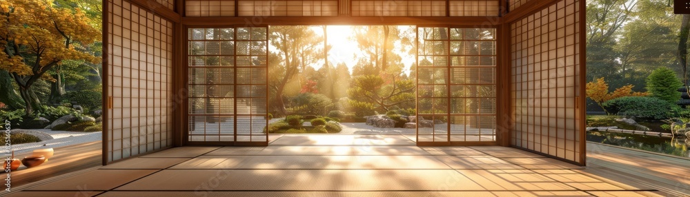 Traditional Japanese tea room with tatami mats, shoji screens, and a view of a zen garden bathed in morning sunlight Traditional Japanese tea room with tatami mats, shoji screens, and a view of a zen garden bathed in morning sunlight