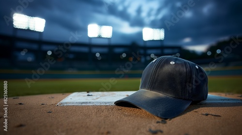 The lonely figure of a baseball cap resting on the pitcher's mound, with the stadium lights off and the evening twilight settling over the empty field. photo
