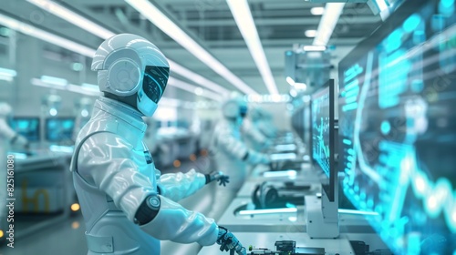 High-tech manufacturing: Robotic arms, advanced machinery on assembly line. Engineers in protective gear monitor process on digital displays, showcasing integration of cutting-edge tech in industry.