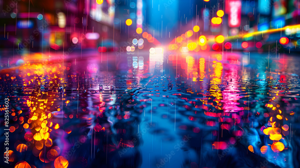Rainy Street at Night: High Resolution Image with Colorful Reflections and Lights Capturing Vibrant Atmosphere of Rainy Season