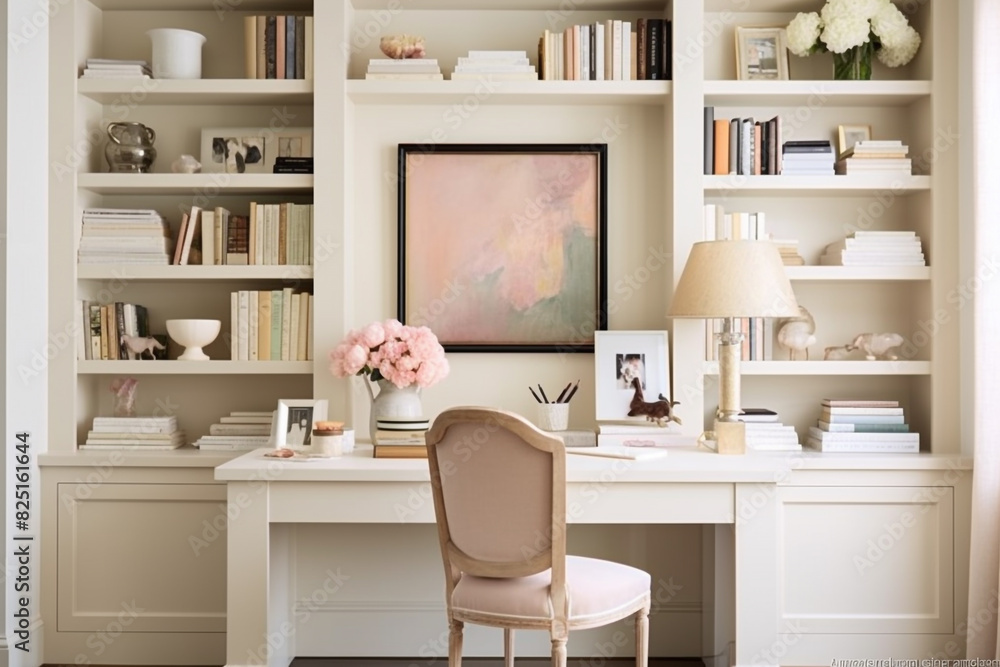 A tranquil home workspace adorned with a light-hued desk, a solid-color chair, and floating shelves displaying a vibrant collection of books and stylish decorative items. A tranquil home workspace adorned with a light-hued desk, a solid-color chair, and floating shelves displaying a vibrant collection of books and stylish decorative items.