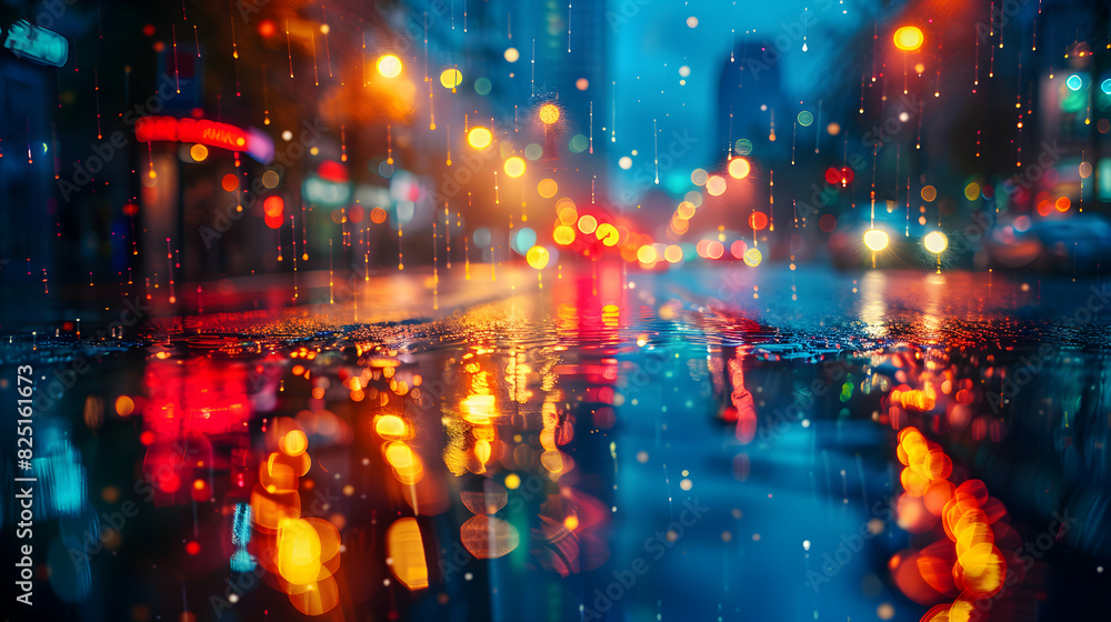 Vibrant Rainy Street Night: High Res Image with Colorful Reflections and Lights Capturing the Atmosphere of Rainy Season on Glossy Backdrop   Stock Photo Concept