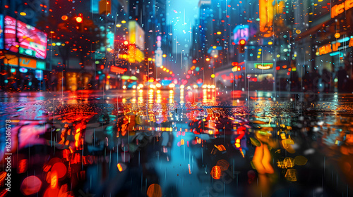 Vibrant Rainy Street at Night: High Resolution Image with Colorful Reflections Lights, Capturing the Atmospheric Essence of the Rainy Season