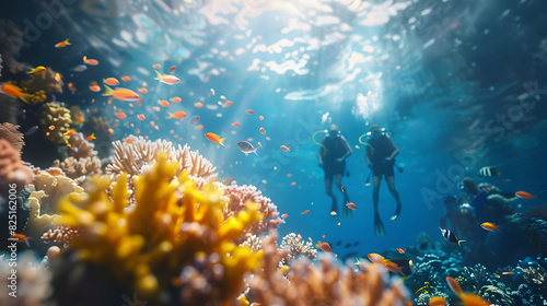 Photo realistic image of researchers studying coral reefs affected by bleaching against a glossy backdrop, showcasing human efforts to support marine ecosystems impacted by carbon  photo