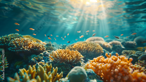 Photo realistic image of researchers studying coral reefs affected by bleaching, emphasizing human efforts to support marine ecosystems impacted by carbon pollution