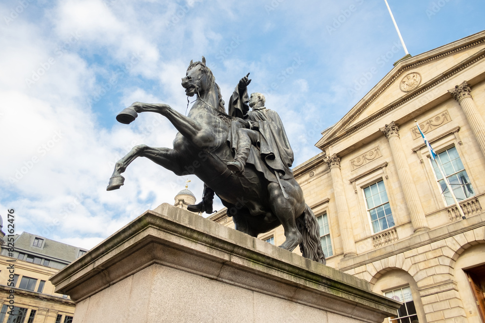 The Duke of Wellington statue (1852) at Register House, Princes St, Edinburgh, Scotland, UK. Wellington is mounted on his favourite horse, Copenhagen. The Duke of Wellington statue (1852) at Register House, Princes St, Edinburgh, Scotland, UK. Wellington is mounted on his favourite horse, Copenhagen.