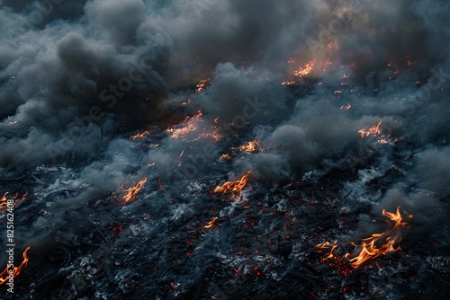 Wallpaper Mural Smoldering Ashes Aftermath of Fire, Reflective and Somber Scene with Occasional Flames. Torontodigital.ca
