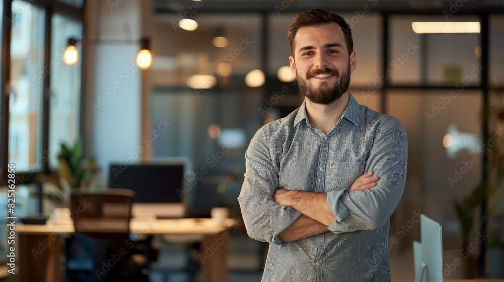 Portrait of young handsome smiling business guy wearing gray shirt and glasses, feeling confident with crossed arms, isolated on white background Portrait of young handsome smiling business guy wearing gray shirt and glasses, feeling confident with crossed arms, isolated on white background