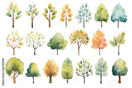 illustration watercolor colorful spring or autumn tree collection set  grungy texture aquarelle on white background
