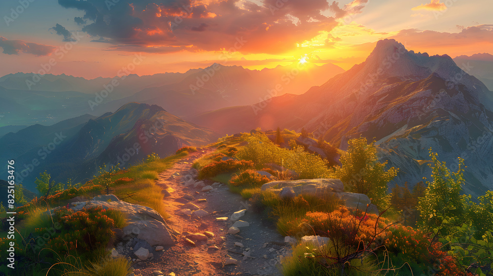 Photo Realistic Sunset Over Mountain Trail   High Resolution Image Symbolizing the Beauty and Tranquility of Backpacking in Nature