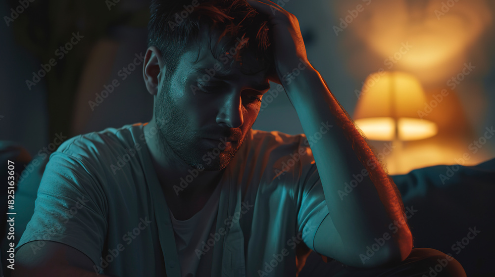 Closeup of an attractive man with his head in hands, sitting on the couch at home looking worried and suffering from depression, headache Closeup of an attractive man with his head in hands, sitting on the couch at home looking worried and suffering from depression, headache