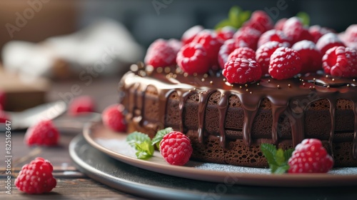 Close-up of a delicious chocolate cake with fresh raspberries on top  perfect for dessert or celebration themes.