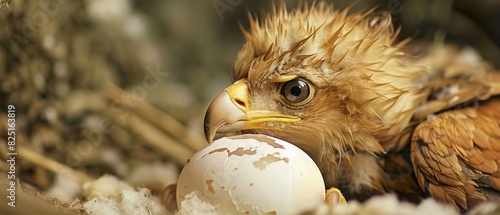 A baby eagle hatches from its egg. photo