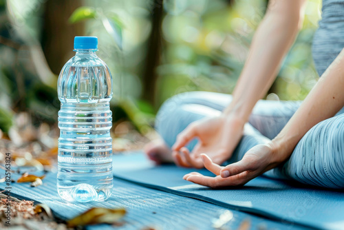 A clear, plastic water bottle on a blue yoga mat with a rolled-up mat beside it.