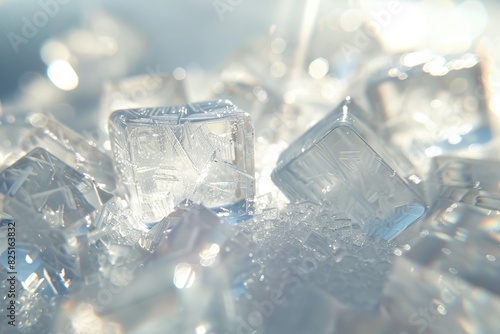 Close-up photo of ice cubes with a soft focus background  capturing the sparkling purity and cool freshness in a bright light setting.