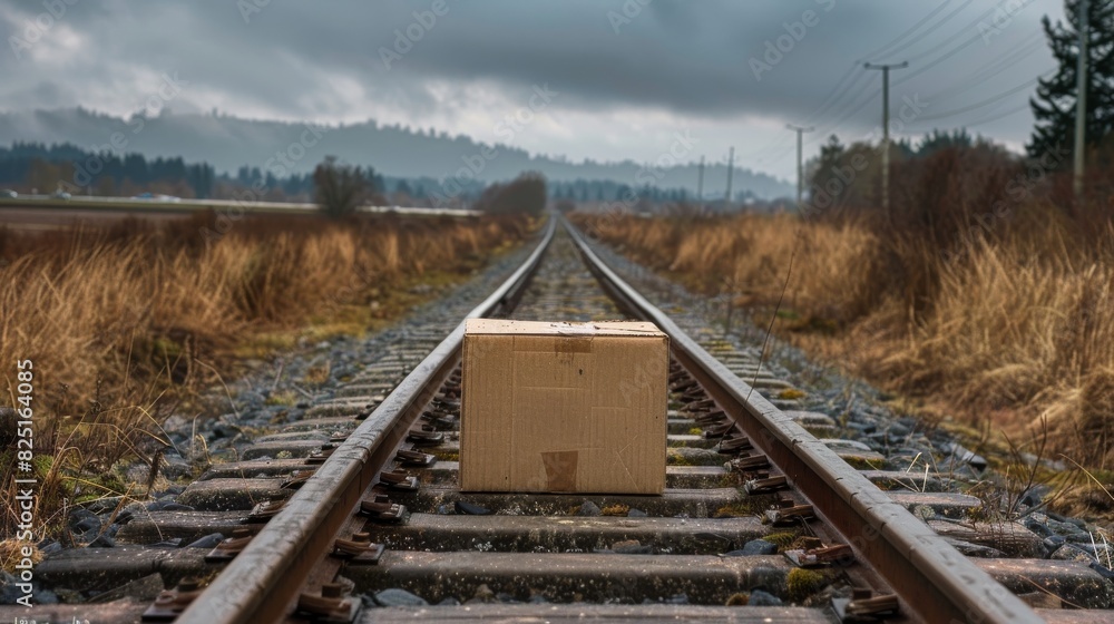 Brown cardboard box on railroad tracks in autumn forest Brown cardboard box on railroad tracks in autumn forest