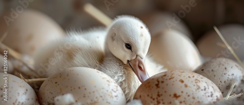 A newly hatched baby flamingo chick stands in a nest of eggs. photo
