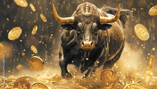 A strong bull charges forward through a field of golden coins.
