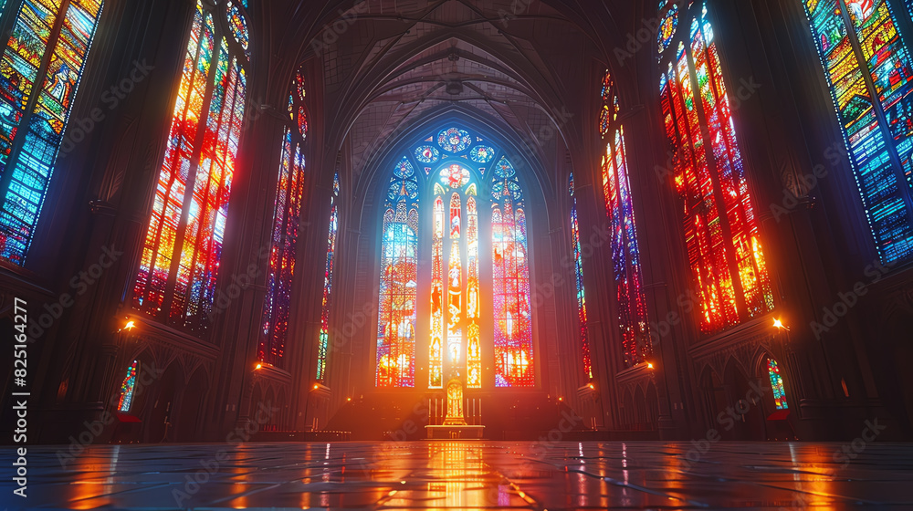 A beautiful stained glass window in a church. The light shines through the window and creates a colorful pattern on the floor.