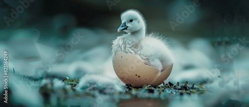 A newly hatched cygnet stands in its brokenDan Ke .