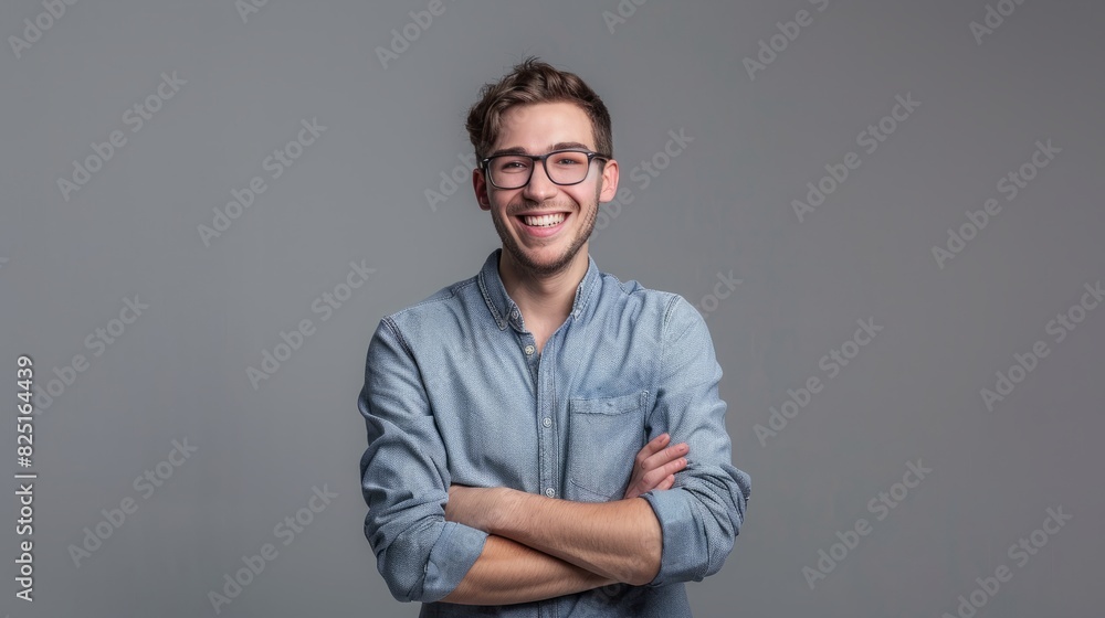 Portrait of young handsome smiling business guy wearing gray shirt and glasses, feeling confident with crossed arms, isolated on white background Portrait of young handsome smiling business guy wearing gray shirt and glasses, feeling confident with crossed arms, isolated on white background