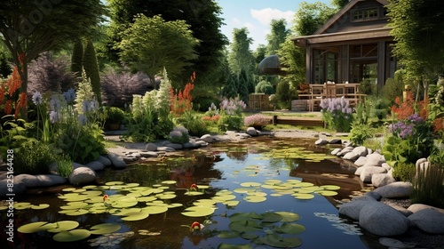 photo of a backyard garden with a pond.