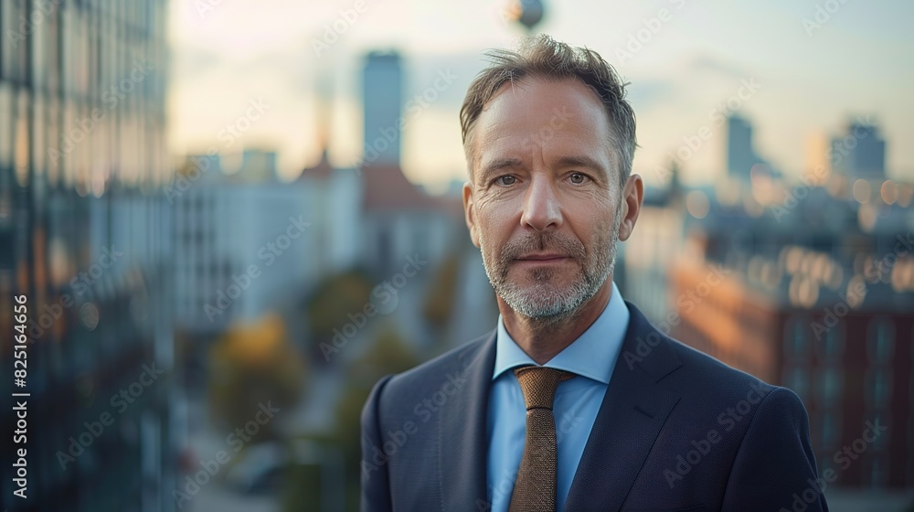 Fototapeta premium mature man, his expression a blend of confidence and professionalism, set against the backdrop 