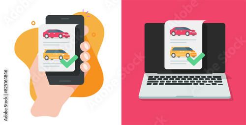 Car auto rental choose on mobile cell phone app vector, internet laptop computer vehicle comparison shop, dealership online service, buy sell pc and cellphone smartphone tech image clip art